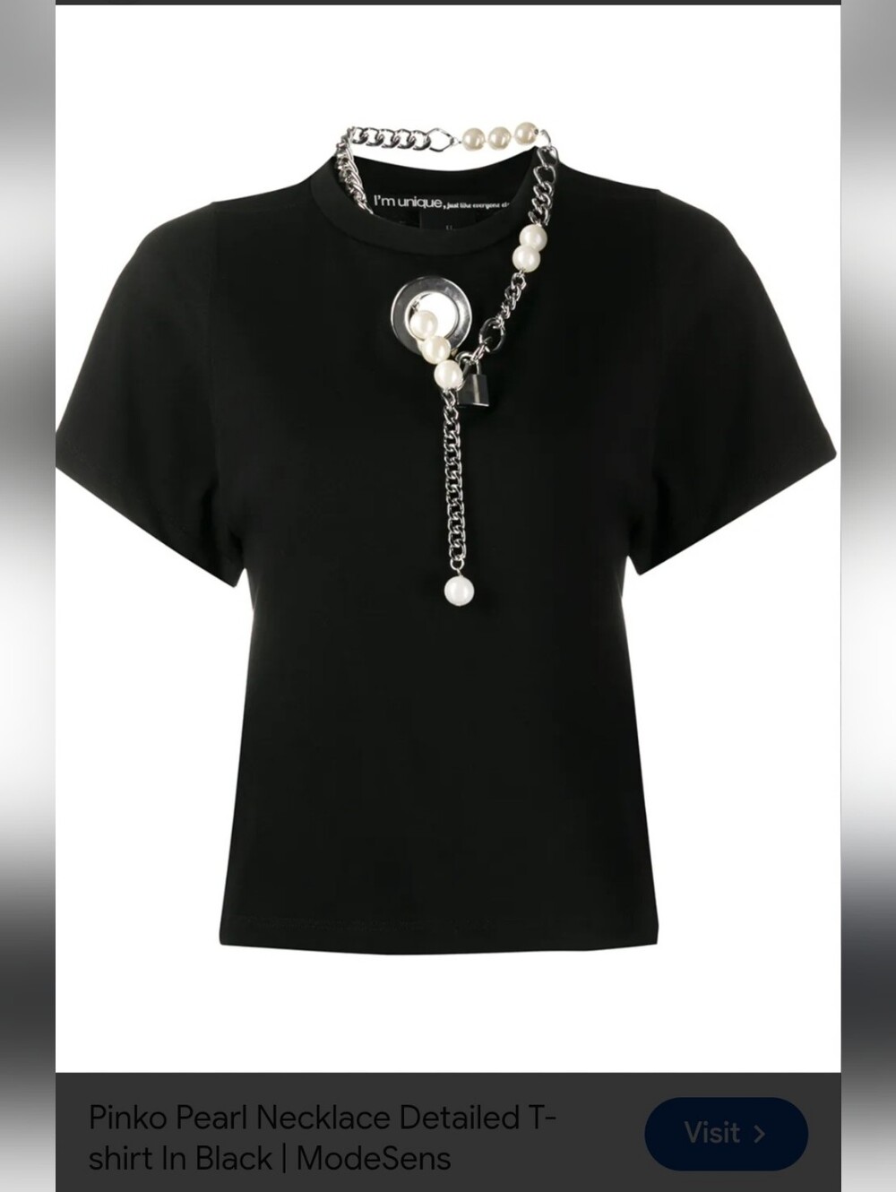 Pinko Black Short-Sleeve Tee with Pearl Neckkace Chain Accent Two Piece Set